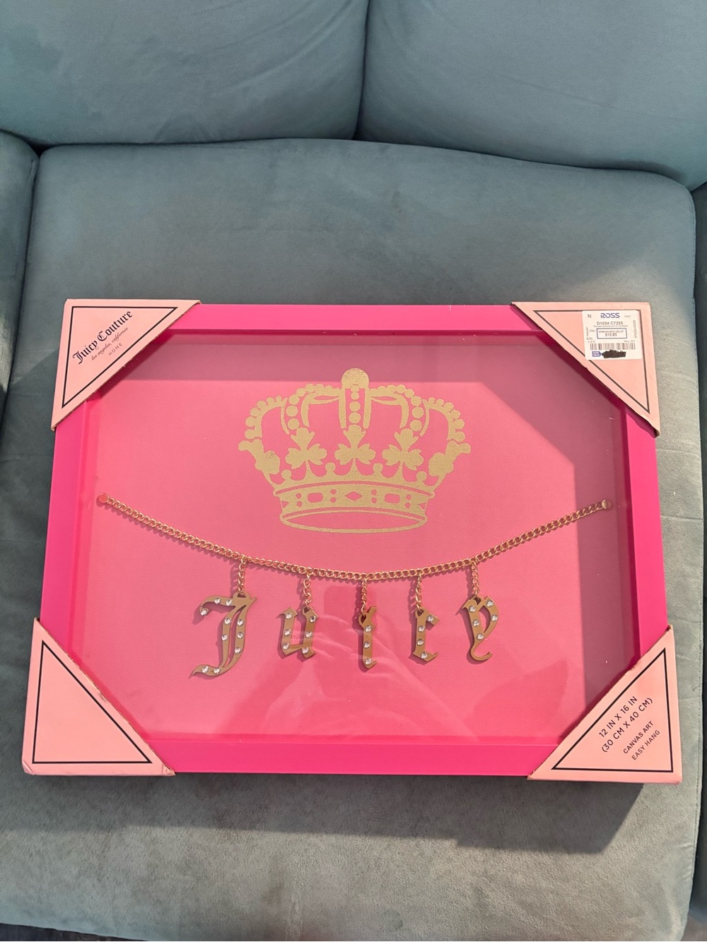 Juicy Couture Hot Pink Wall Art with Gold Crown and Charm Necklace
